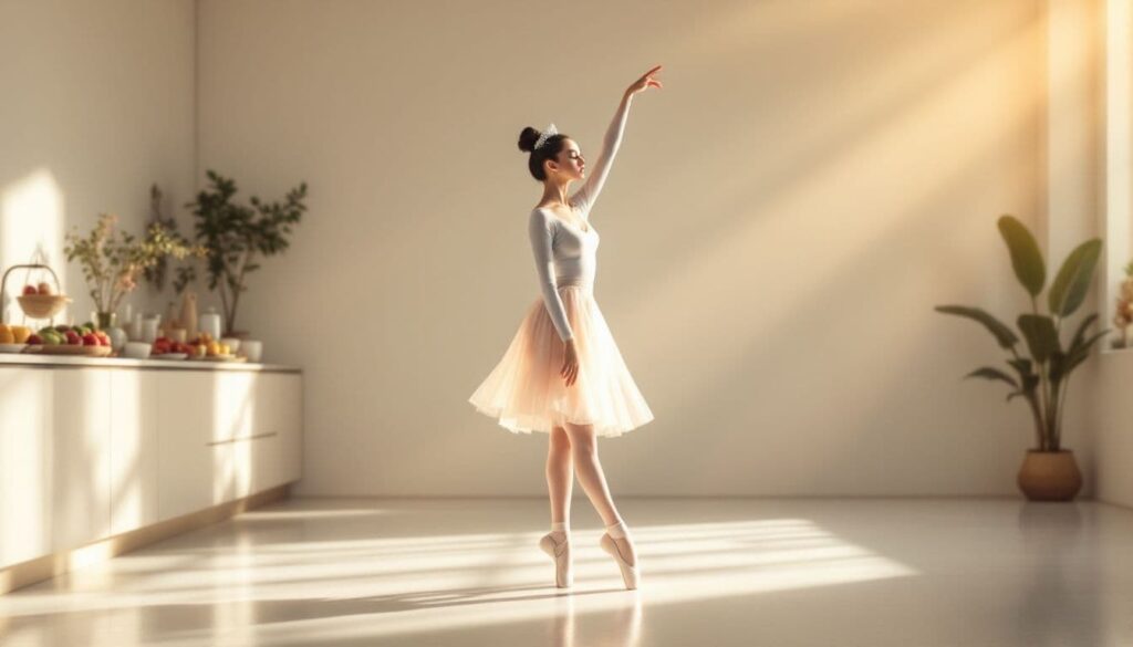 A ballet dancer practicing in a studio, showcasing the importance of nutrition.